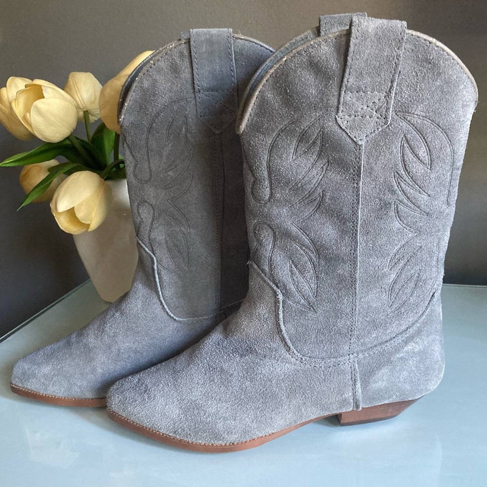 Gray Suede Vintage Low Heel Western Boots Made in Spain